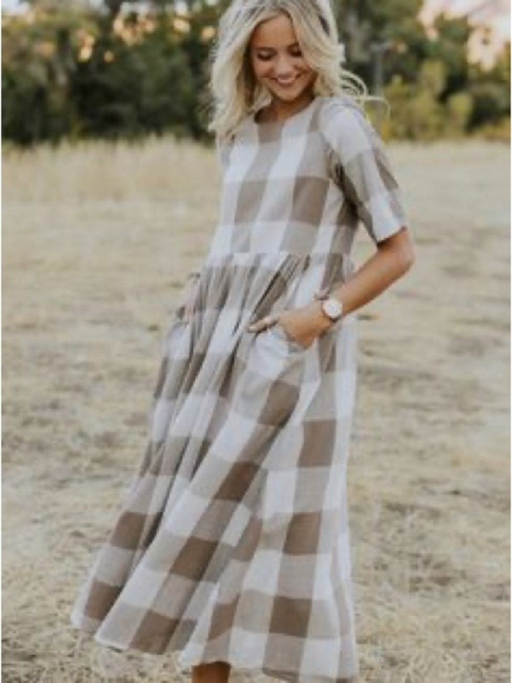 ROOLEE Maddie Buffalo Plaid Midi Dress | Tan/Cream | Size S